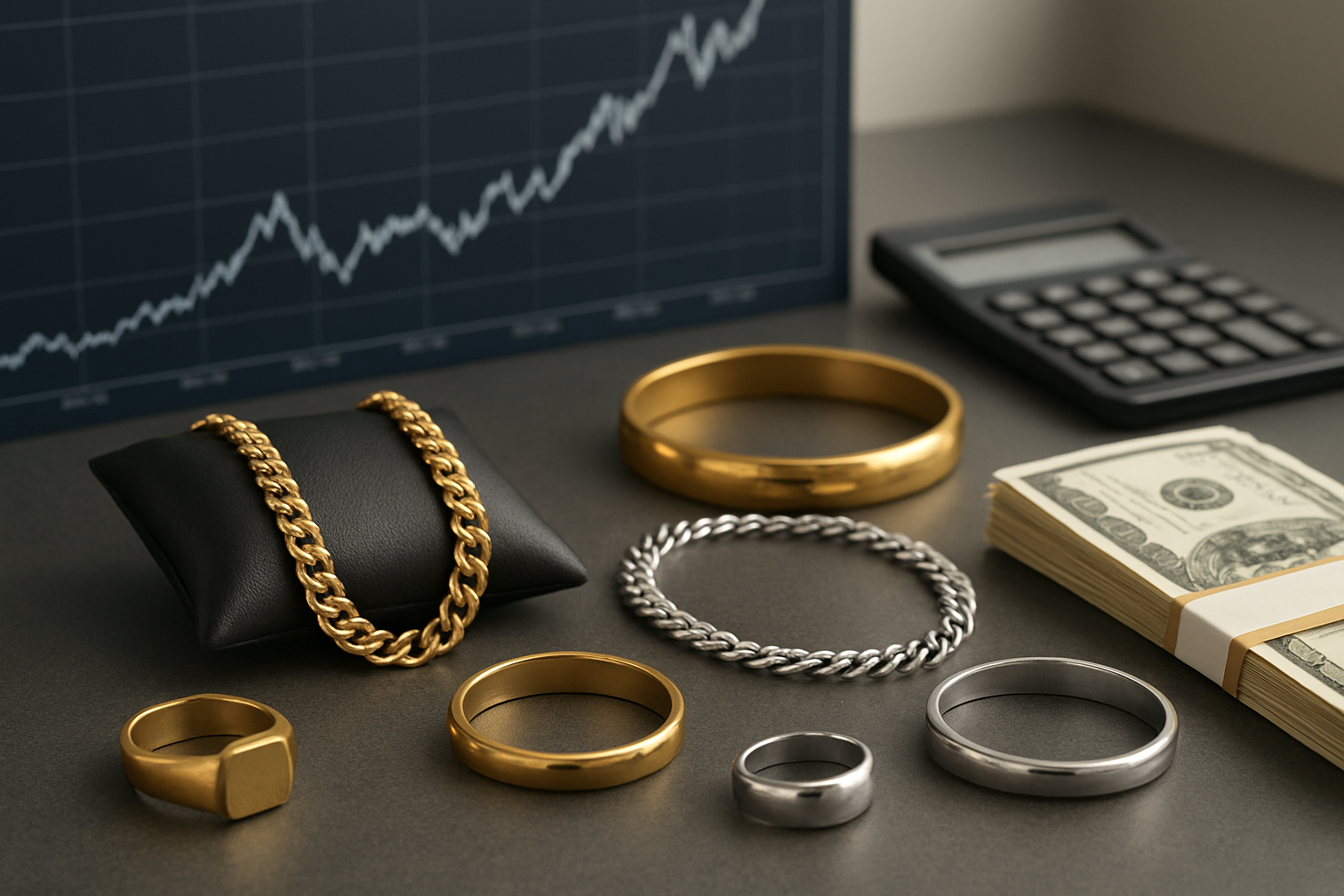 Close-up view of various pieces of jewelry and a stack of cash on a dark surface